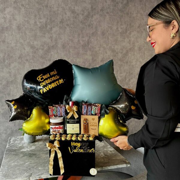 Regalo sofisticado para caballeros con Buchanan’s, Nutella, globos y chocolates premium