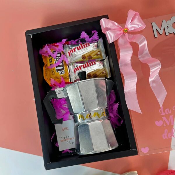 Caja regalo con cafetera italiana personalizada para el Día de la Madre