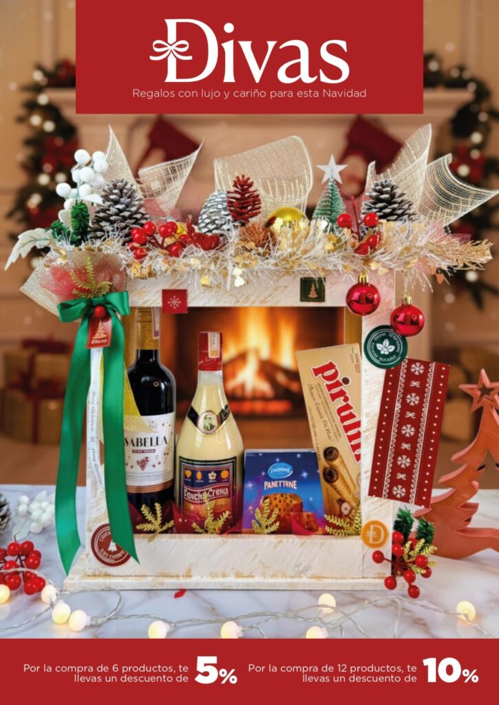 Portada catálogo Divas Regalos con cesta navideña de licores, panettone, chocolates y decoración de Navidad en Caracas