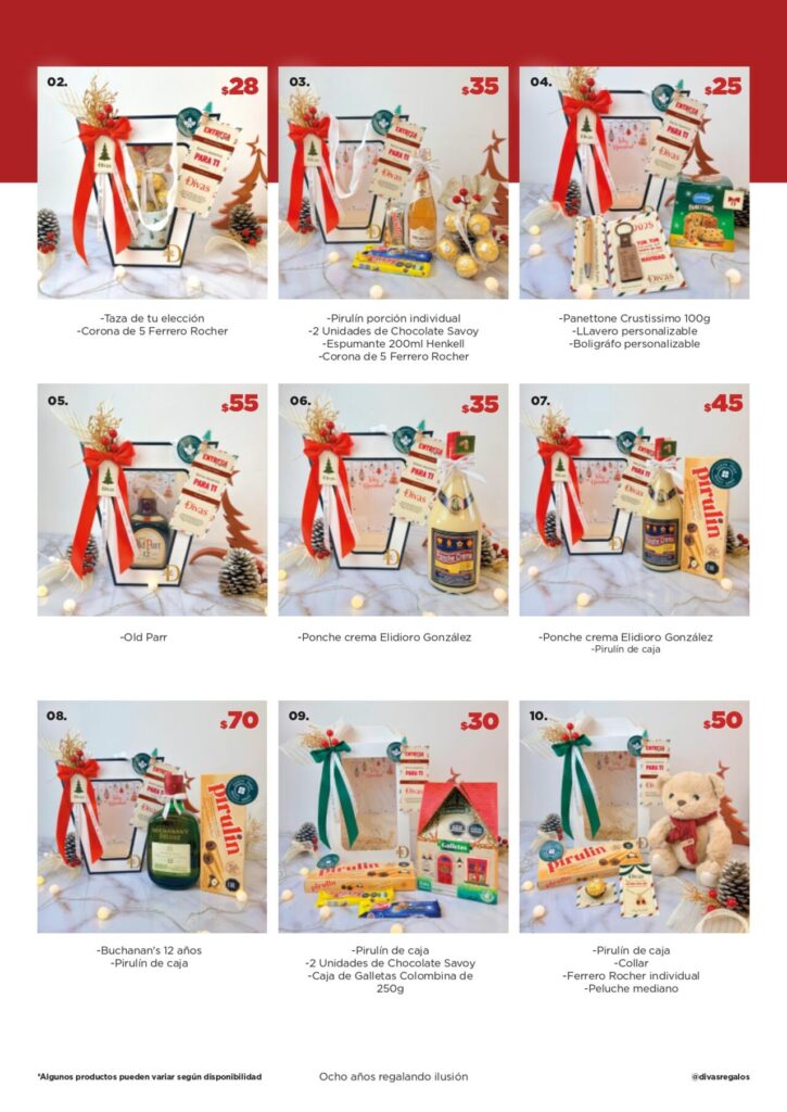 Selección de detalles navideños con tazas, ponche crema, chocolates Savoy, Ferrero y peluches