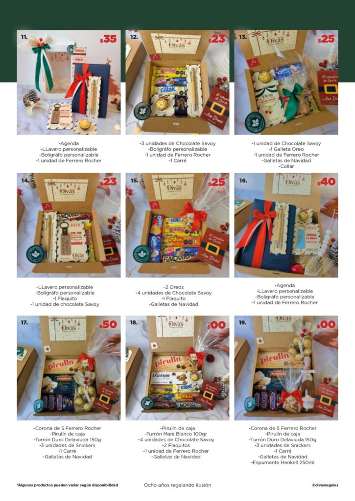 Cajas de regalo navideñas con agenda, llavero, bolígrafo personalizado y chocolates surtidos