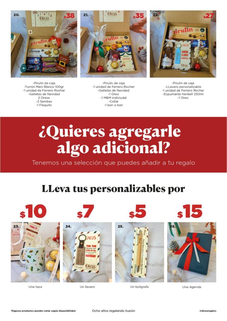 Cajas con dulces navideños y sección de adicionales personalizables como tazas, llaveros y agendas