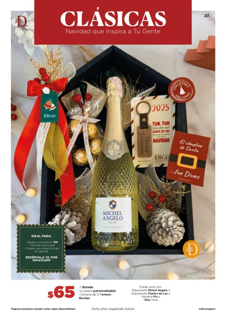 Caja navideña tipo casa negra con espumante, Ferrero y decoración clásica para regalo corporativo