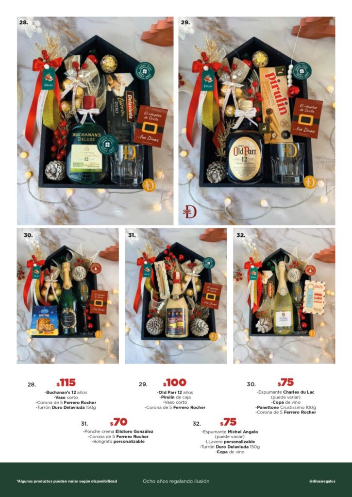 Selección de cestas clásicas navideñas con whisky, espumante, ponche crema, panettone y Ferrero