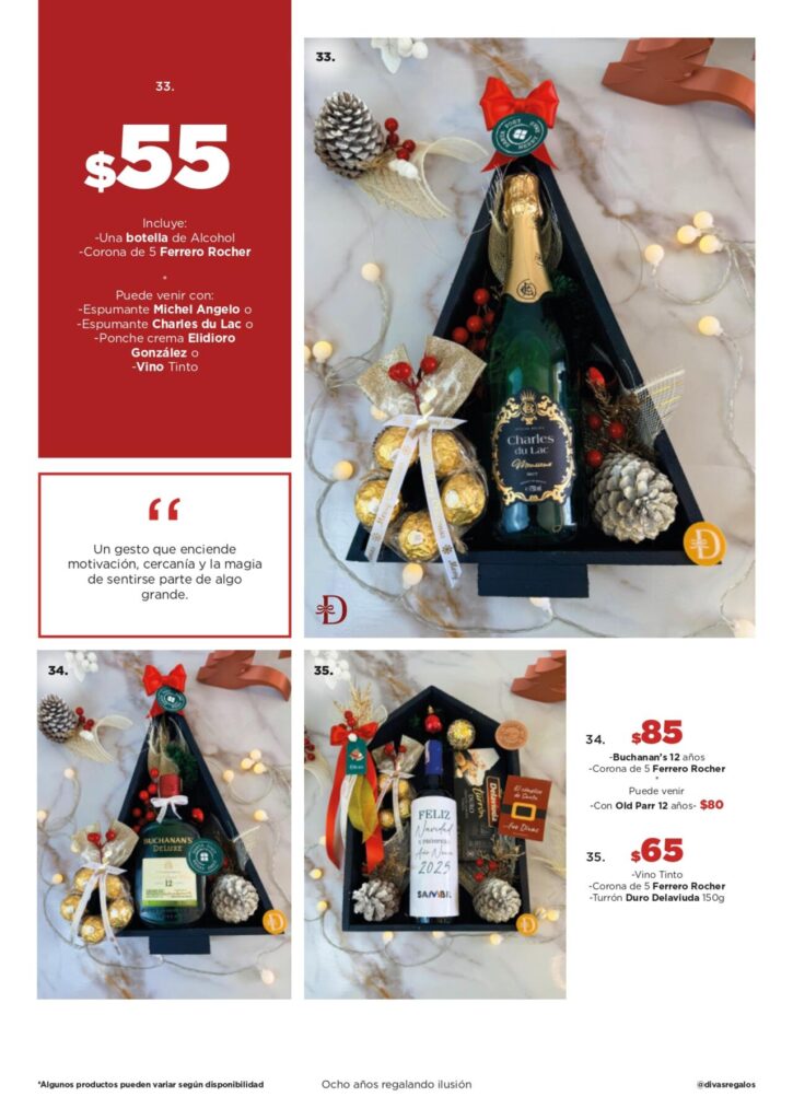 Cestas de gratitud navideña con botella, Ferrero Rocher y combinaciones corporativas personalizables