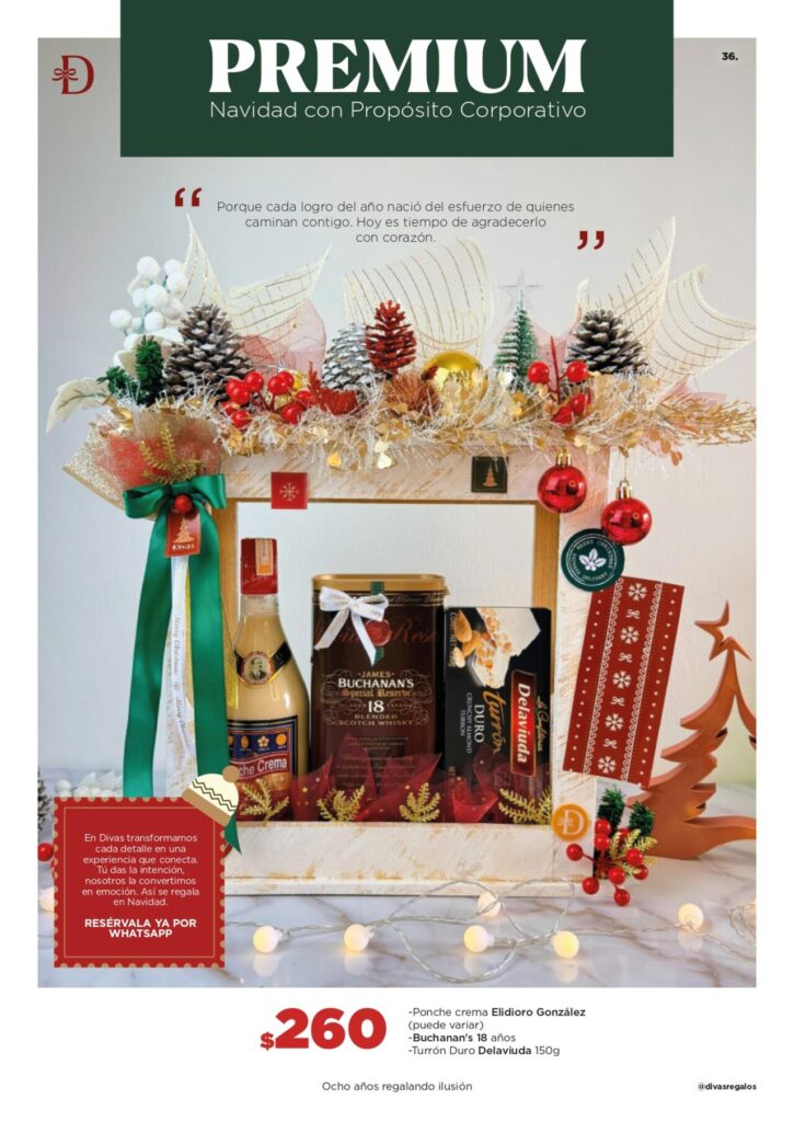 Cesta premium navideña con Buchanan’s 18 años, ponche crema y chocolates para regalo corporativo