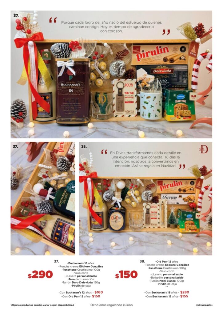 Cestas corporativas premium combinando whisky, ponche crema, panettone, tazas y pirulín