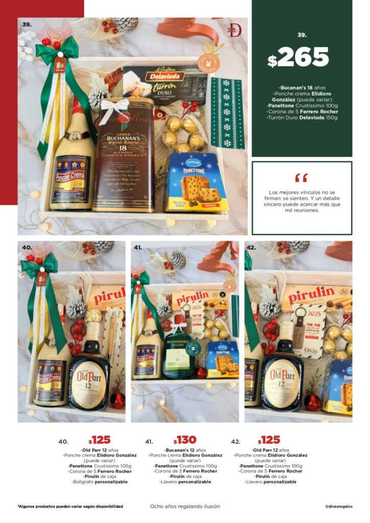 Cestas Distinción Corporativa con whisky, ponche crema, panettone, Ferrero y pirulín