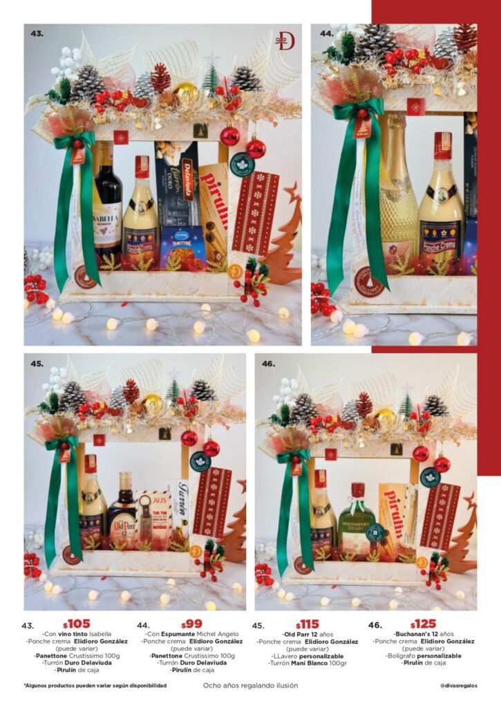 Cestas navideñas con vino, espumante, ponche crema, panettone y turrones para empresas