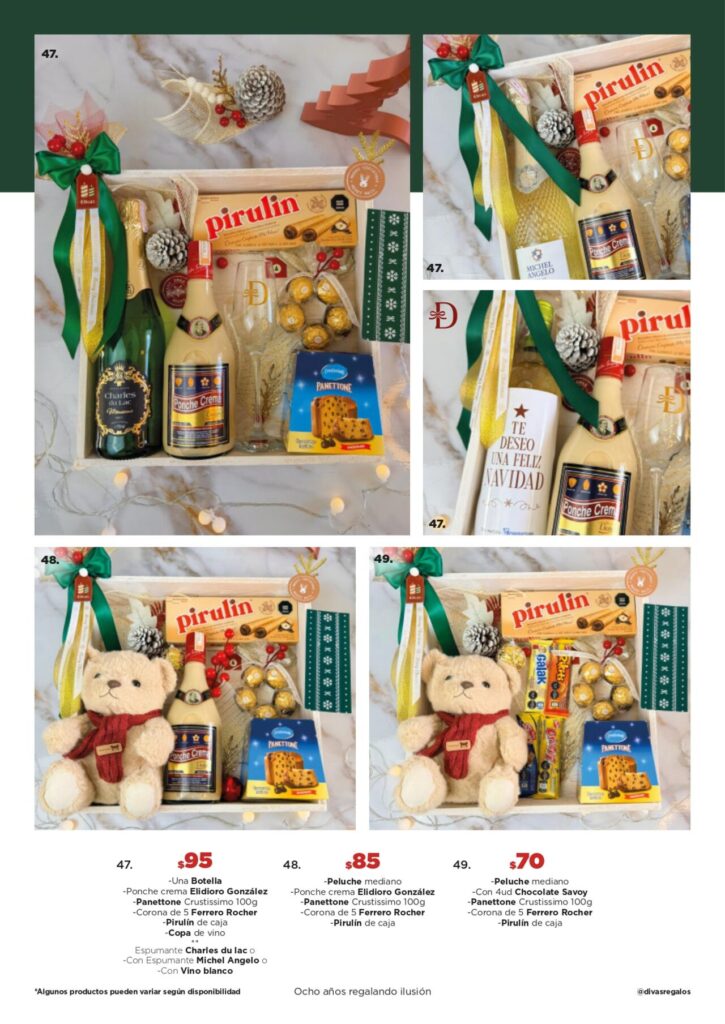 Cestas navideñas con vino, espumante, ponche crema y peluches decorados con Ferrero Rocher