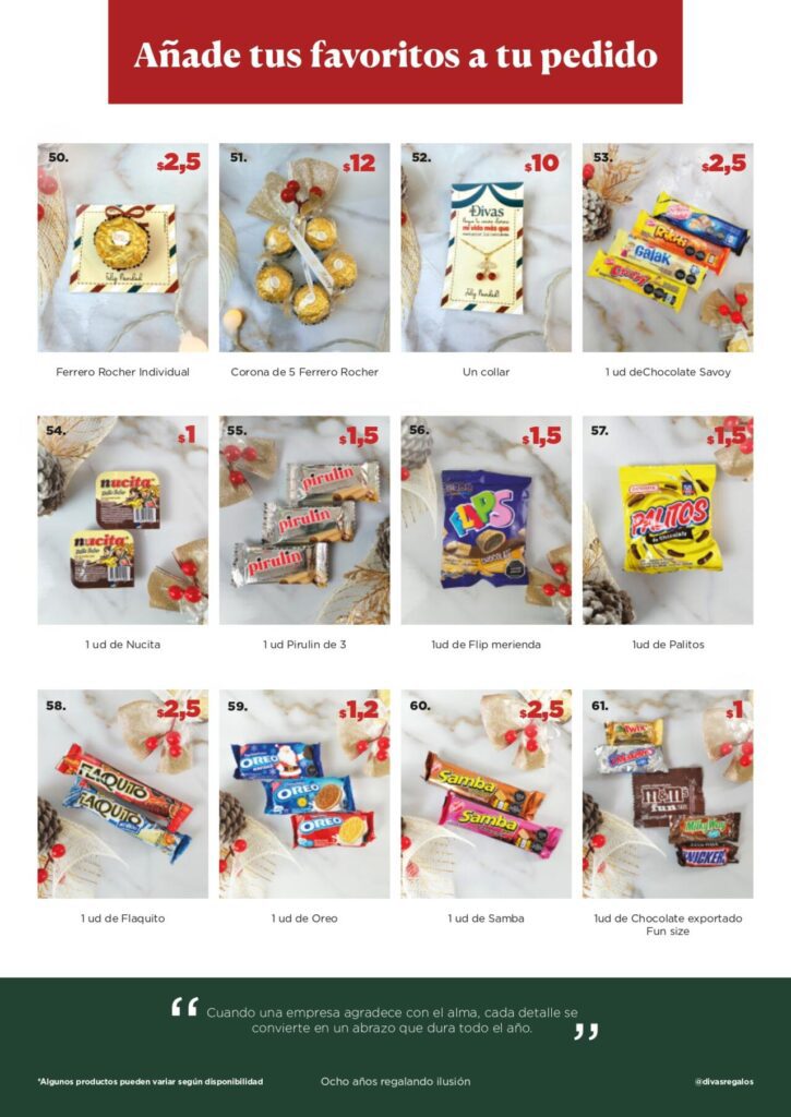 Página de extras navideños para añadir chocolates, galletas y mini dulces a las cestas de regalo